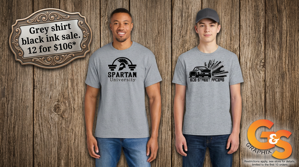12 Grey shirts with black ink for $106