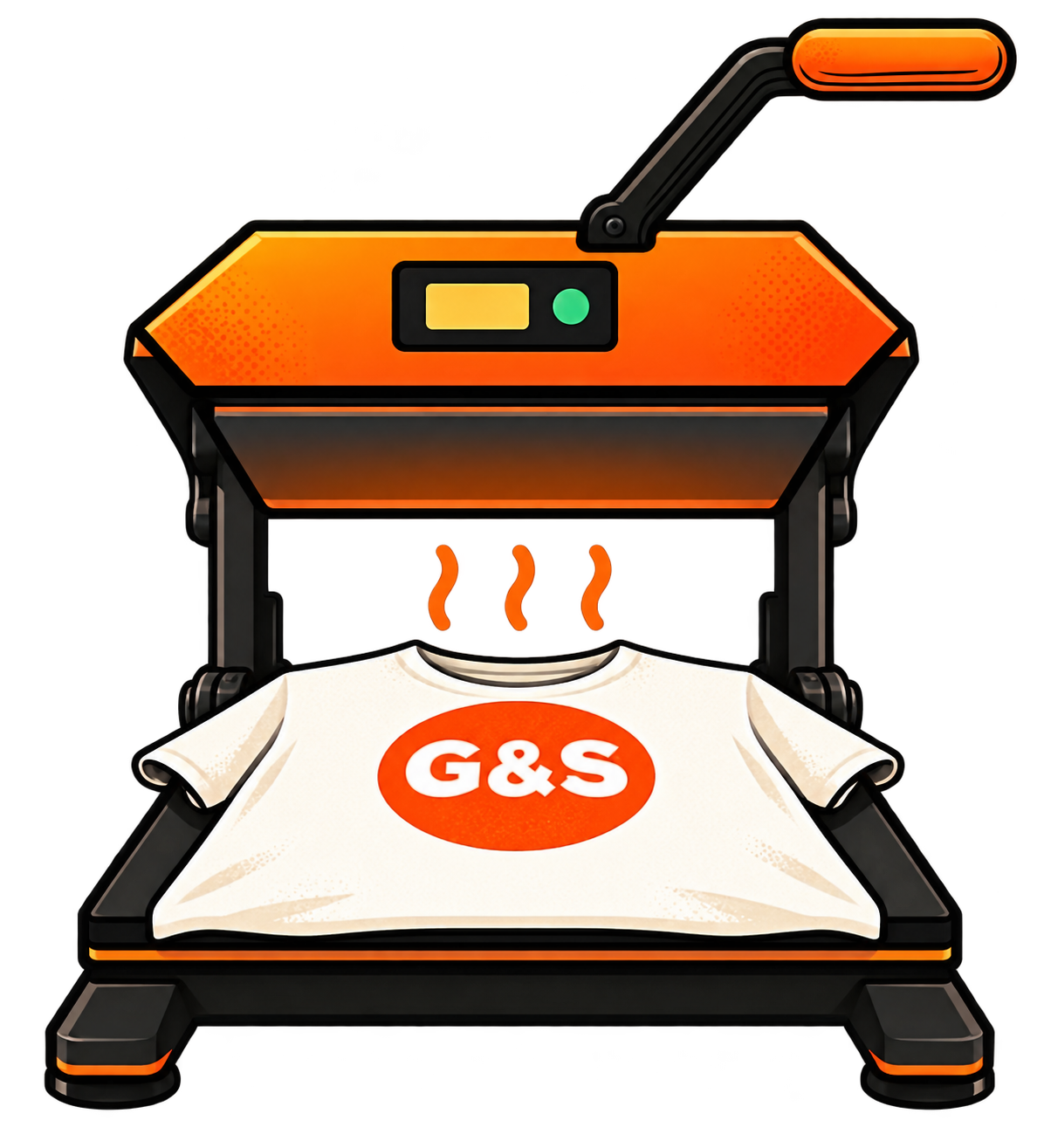 An illustrated orange heat press revealing a freshly printed G and S shirt